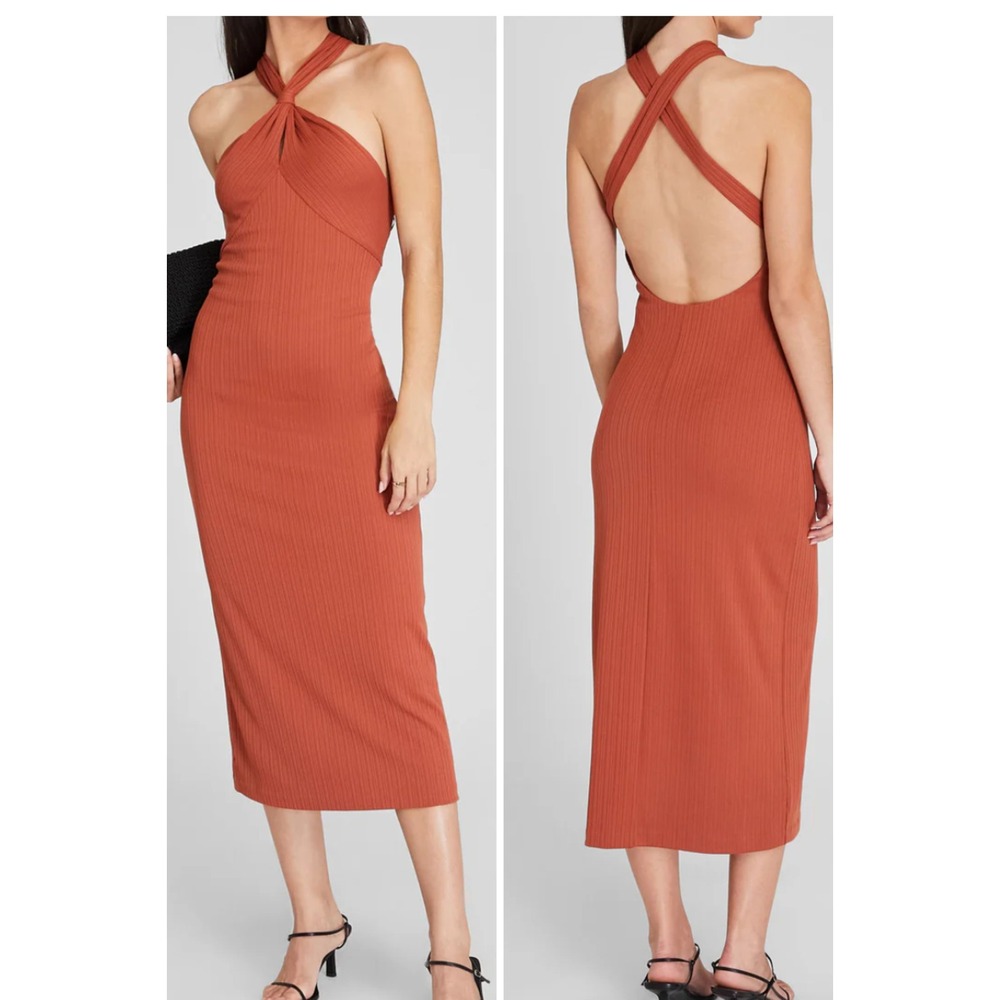 Club Monaco Dress Variegated Rib Knit Midi Halter Terracotta Rust XL‎ New